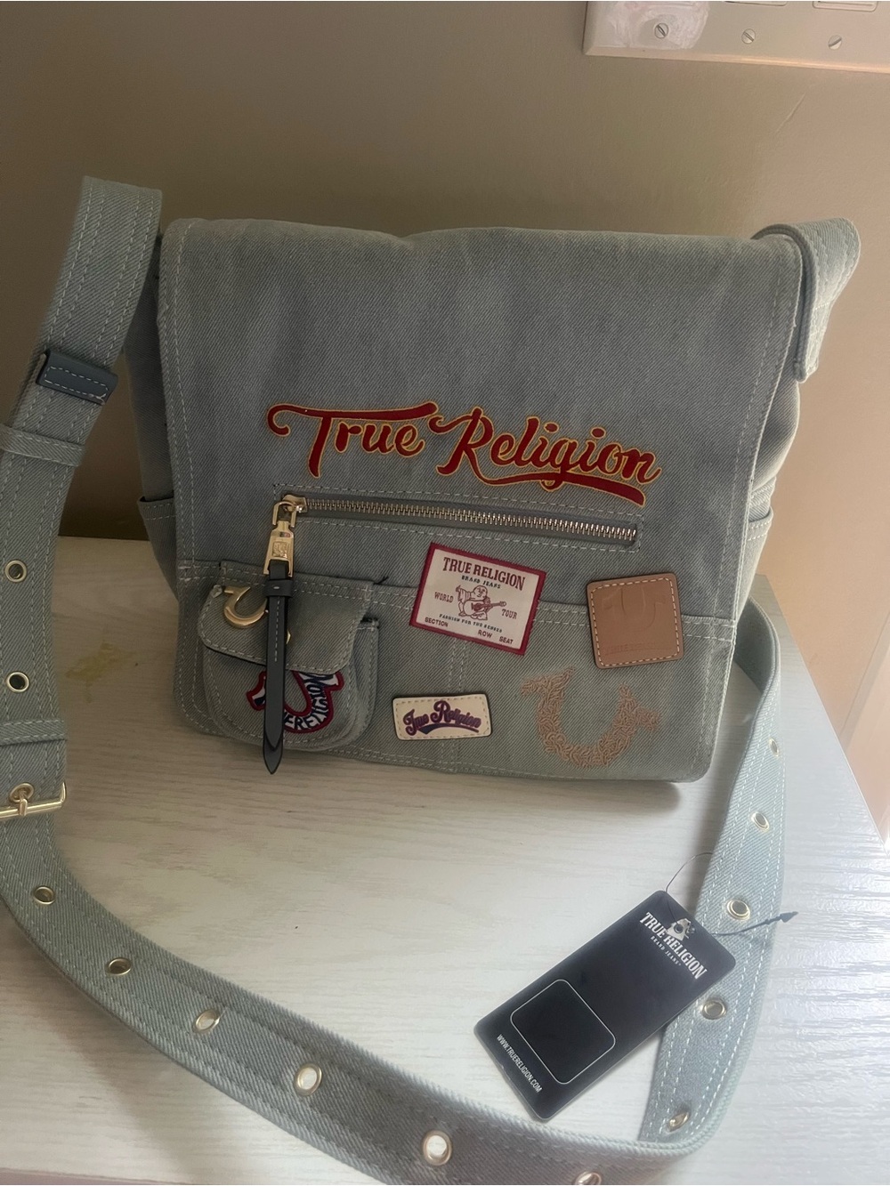True Religion Light GrayCanvas Messenger Bag with Embroidered Logo - Picture 3 of 10